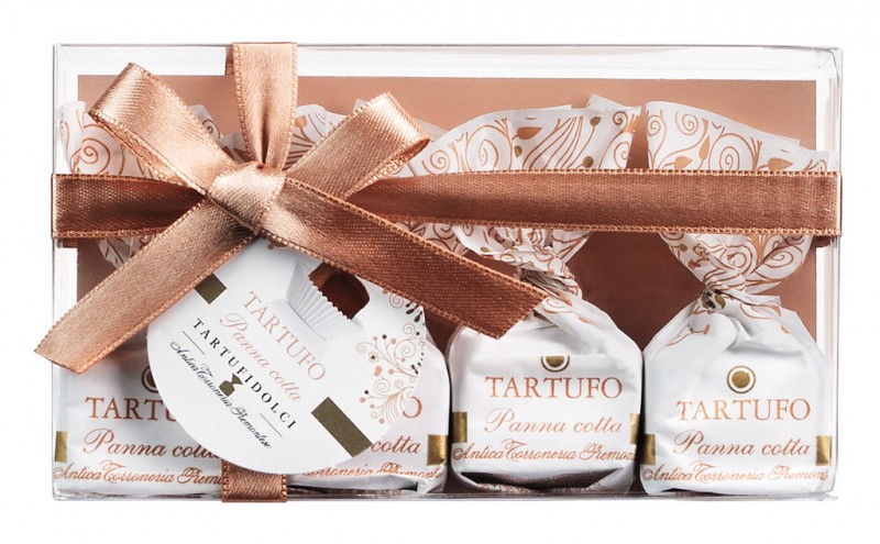 Tartufi dolci panna cotta, confezione, cokoladova hluzovka s panna cottou, darcekova krabicka 4 ks, Antica Torroneria Piemontese - 55 g - balenie