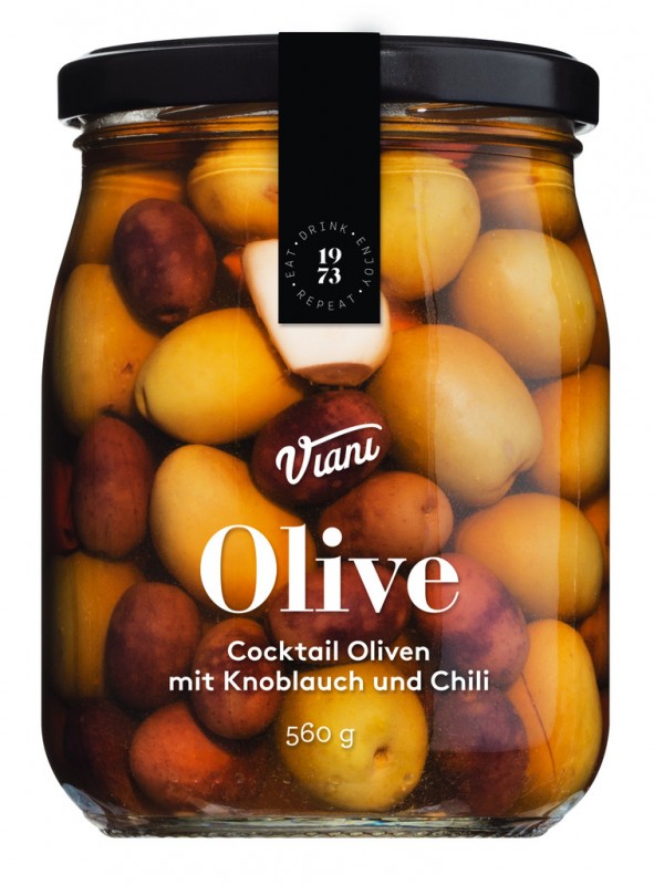 OLIVOVE - Koktejlove olivy s cesnekem a chilli, Michane olivy s cesnekem a chilli s peckou, Viani - 560 g - Sklenka