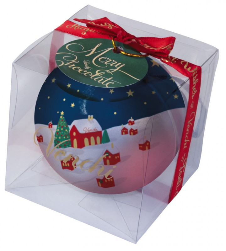 Plechove ozdoby v pvc krabicke, kovove gule na vianocny stromcek s cokoladovymi pralinkami, Venchi - 49 g - Kus