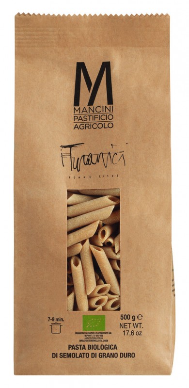 Penne Lisce Turanici, organik, makarnalik bugday irmikli makarna, organik, Makarna Mancini - 500g - ambalaj