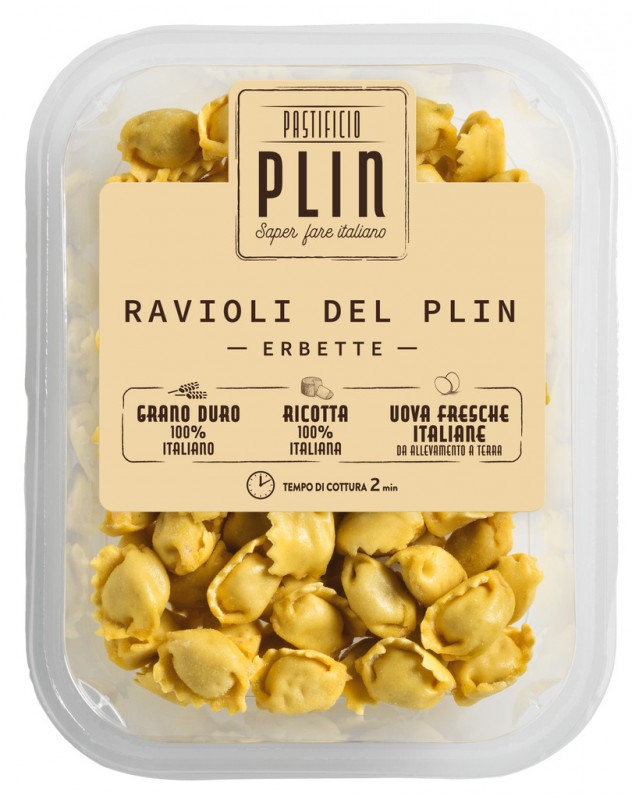 Ravioli del Plin erbette, ravioli diisi dengan bumbu, Pastificio Plin - 250 gram - mengemas