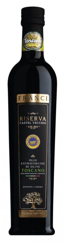 Olio z pierwszego tloczenia Riserva Castel Vecchio IGP, oliwa z oliwek z pierwszego tloczenia Riserva Castel Vecchio, Frantoio Franci - 500ml - Butelka Olio z pierwszego tloczenia Riserva Castel Vecchio IGP, oliwa z oliwek z pierwszego tloczenia Riserva Castel Vecchio, Frantoio Franci - 500ml - Butelka