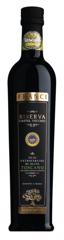 Olio z pierwszego tloczenia Riserva Castel Vecchio IGP, oliwa z oliwek z pierwszego tloczenia Riserva Castel Vecchio, Frantoio Franci - 500ml - Butelka