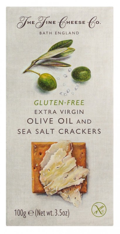 Extra Virg. Olivovy olej, bezlepkove krekry z morskej soli, krekry na syr s olivovym olejom a solou, bez lepku, spolocnost The Fine Cheese Company - 100 g - balenie