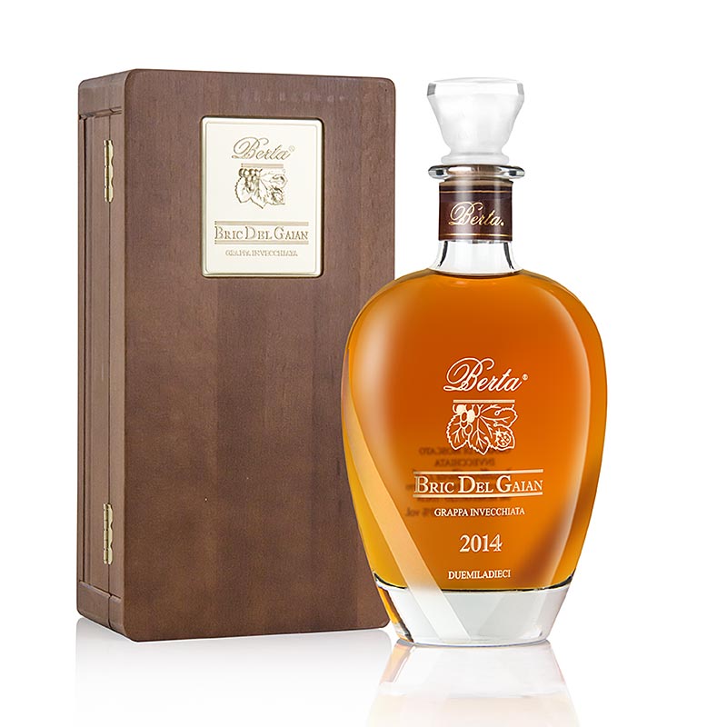 Bric del Gaian 2014 Grappa Moscato Invecchiata, 43% obj., Berta, pudelko drewniane - 700ml - Butelka Bric del Gaian 2014 Grappa Moscato Invecchiata, 43% obj., Berta, pudelko drewniane - 700ml - Butelka