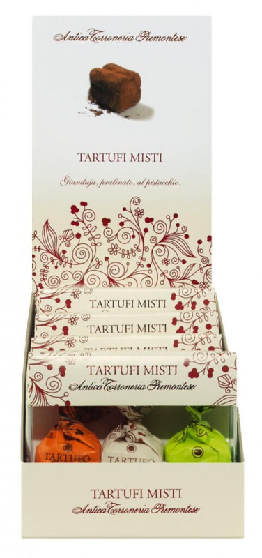 Tartufi misti, espostitore, vegyes csokis szarvasgomba, bemutato, Antica Torroneria Piemontese - 10x42g - kijelzo