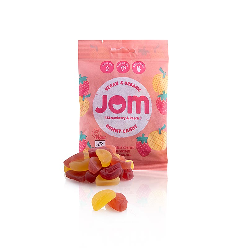 JOM - Gumeni bomboni od jagode i breskve, veganski, organski - 70g - vrecica JOM - Gumeni bomboni od jagode i breskve, veganski, organski - 70g - vrecica