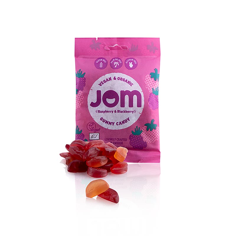 JOM - Gummy Candy z malin a ostruzin, veganske, organicke - 70 g - Taska