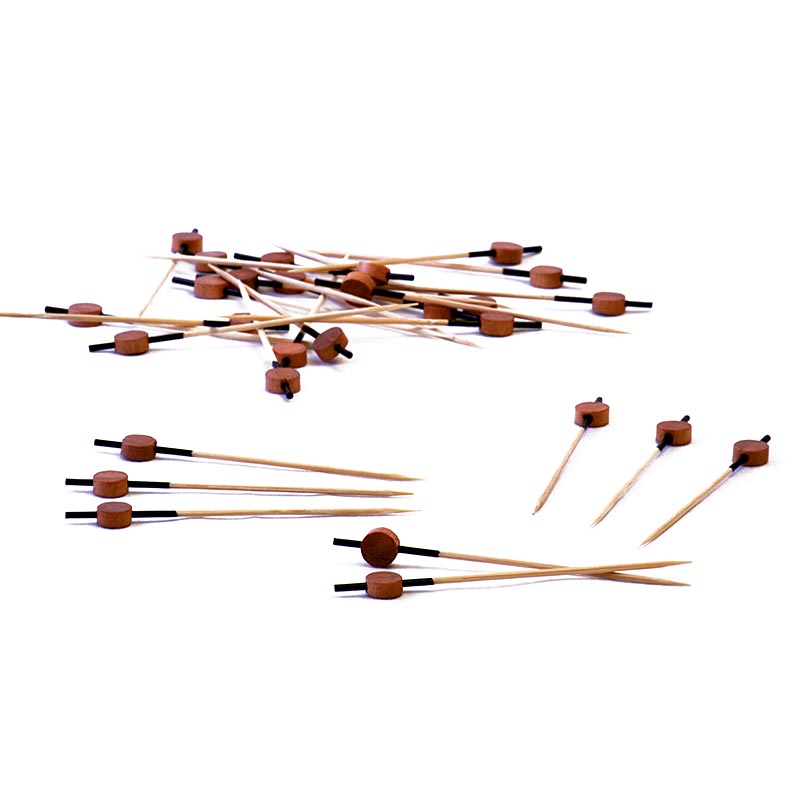 Brochettes en bois, avec extrémité de couleur noire et disque en bois, 9 cm - 100 heures - sac