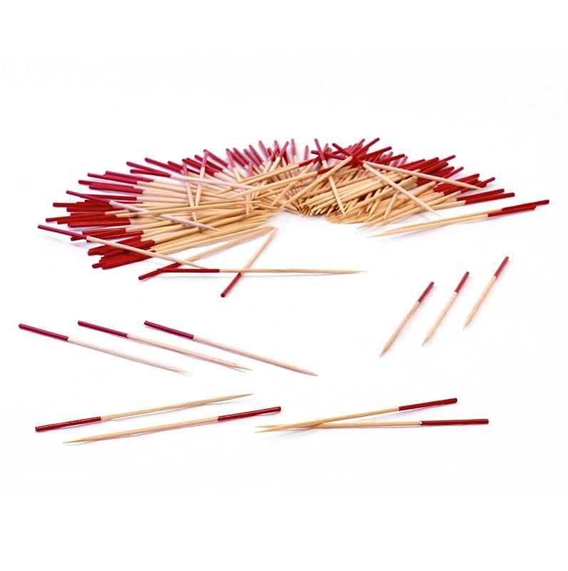 Wooden skewers, with red colored end, 9cm - 500 h - bag Wooden skewers, with red colored end, 9cm - 500 h - bag