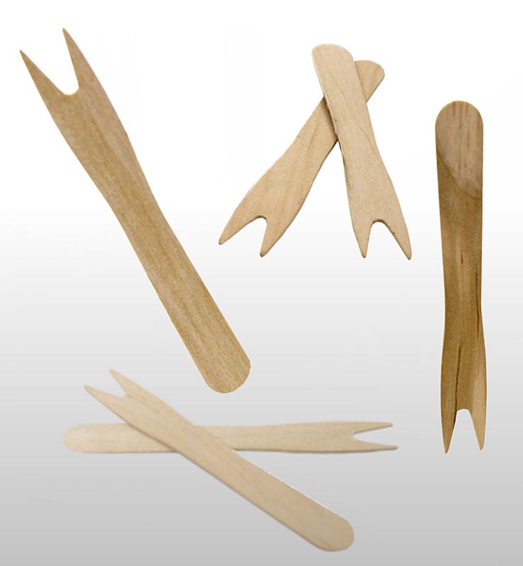 Træ snack gafler / plukkere, lysebrune, 8,5 cm, med 2 spidser - 1000 stk - film