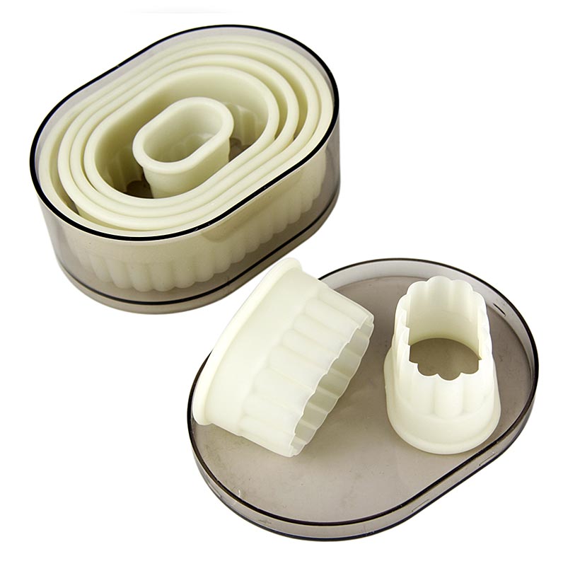 deBUYER cookie cutter, oval-corrugated, plastic, Ø 3.2 / 4.5 / 5.8 / 7 / 8.5 / 9.5 / 11cm - 7 pcs. - can