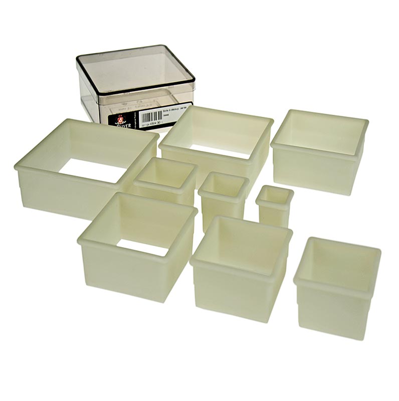 deBUYER cookie cutter, square, plastic, Ø1.8 / 2.5 / 3.5 / 4.5 / 5.5 / 6.5 / 7.5 / 8.5 / 9.5cm - 9 pcs. - can