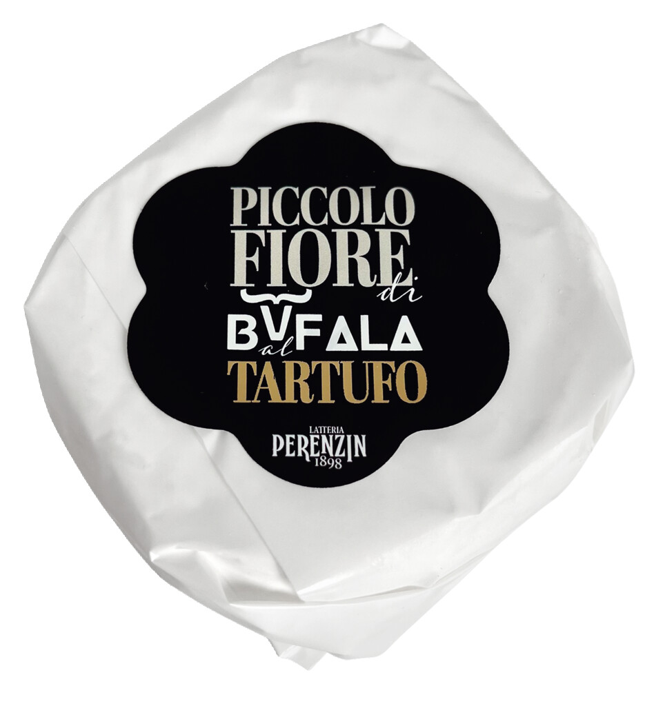 Piccolo fiore di Bufala Tartufo, mehki sir iz bivoljega mleka + poletni tartuf, Latteria Perenzin - 250 g - Kos Piccolo fiore di Bufala Tartufo, mehki sir iz bivoljega mleka + poletni tartuf, Latteria Perenzin - 250 g - Kos