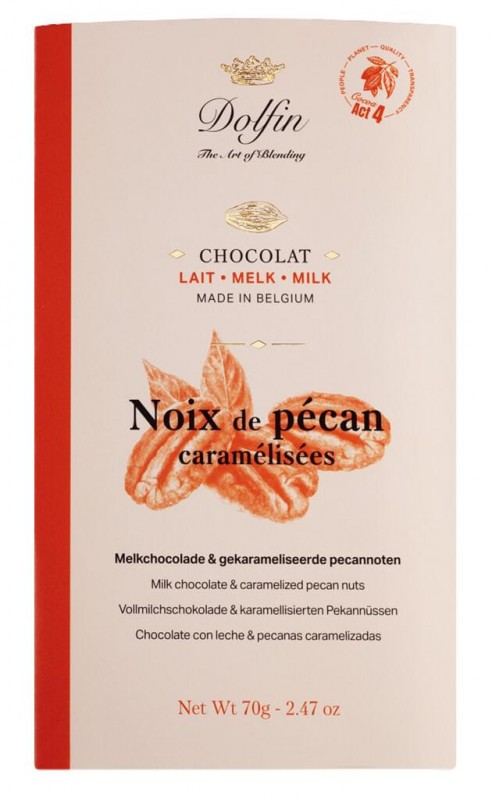 Tableta, lait noix de nuci pecan caramelizate, nuci pecan caramelizate cu ciocolata cu lapte, Dolfin - 70 g - Bucata