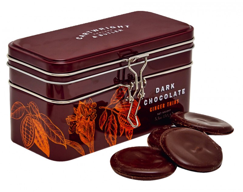 Plechovka na truhlu s pokladom - horka cokolada so zazvorom, mince z horkej cokolady so zazvorom, Cartwright a Butler - 150 g - moct