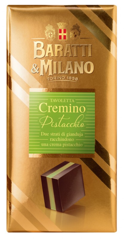 Tavoletta Cremino Pistacchio, batonik warstwowy z orzechami laskowymi i pistacjami, Baratti e Milano - 100 gramow - Sztuka