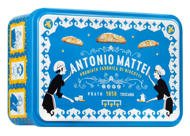 Cantuccini La Mattonella, Lattina Edizione Speziale, produse de patiserie toscane cu migdale, cutie de bijuterii retro, Mattei - 300 g - poate sa