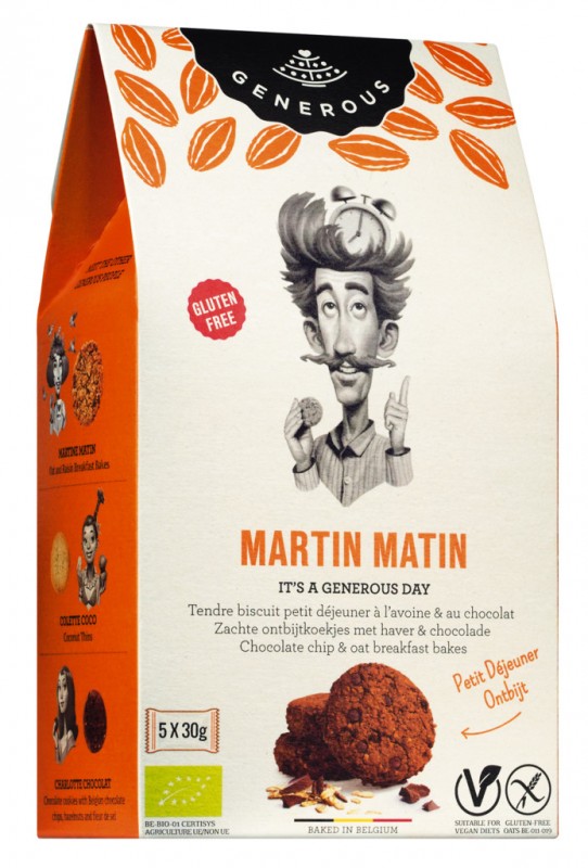 Martin Matin, organiczne, bezglutenowe, czekoladowe ciasteczka owsiane Organiczne, bezglutenowe, Obfite - 150g - Pakiet