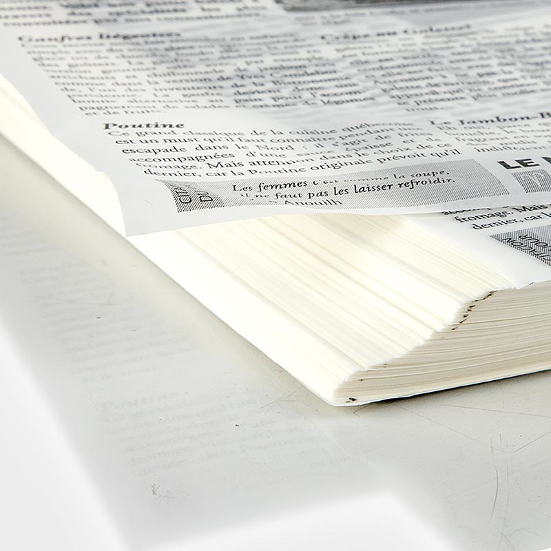 Jednokratni snack papir s novinskim tiskom, cca 290x300 mm, le monde gastro - 500 listova - folija
