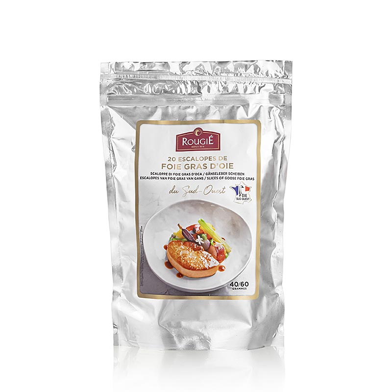 Foie gras de gasca felii in sud-vestul Frantei, 20 felii de 40-60 g fiecare, Rougie - aproximativ 1.000 g - sac Foie gras de gasca felii in sud-vestul Frantei, 20 felii de 40-60 g fiecare, Rougie - aproximativ 1.000 g - sac