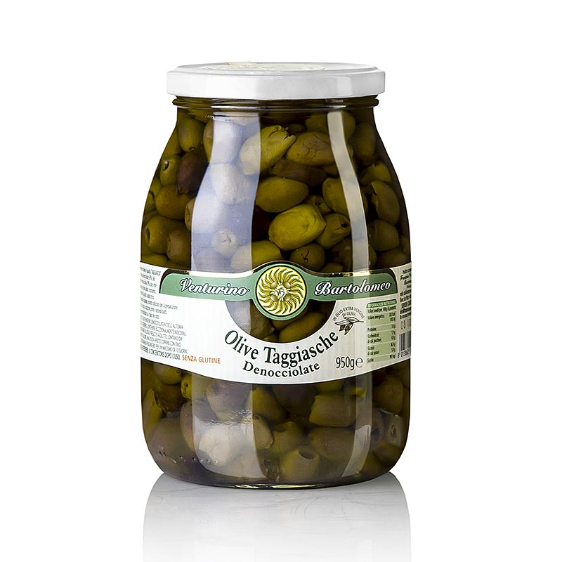 Oliiviseos, vihreita ja mustia Taggiasca-oliiveja, kivettomia, oljyssa, Venturino - 950 g - Lasi