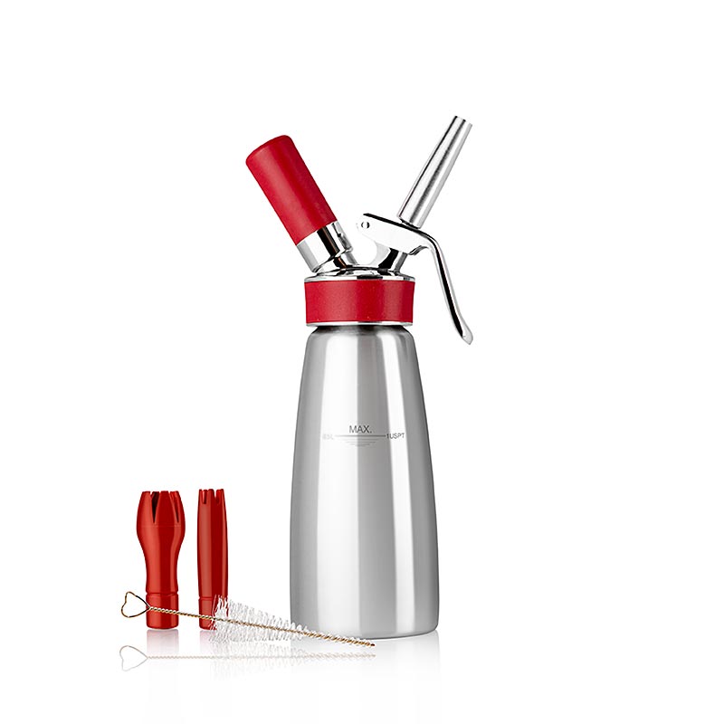 Espuma - Sproeyte, Gourmet Whip Plus, komplett, matt rustfritt stal, 500 ml, roed - 1 stk - Kartong Espuma - Sproeyte, Gourmet Whip Plus, komplett, matt rustfritt stal, 500 ml, roed - 1 stk - Kartong