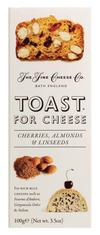 Paahtoleipaa juustoa varten ? kirsikoita, manteleita ja pellavansiemenia, kirsikoita, manteleita ja pellavansiemenia, The Fine Cheese Company - 100 g - pakkaus