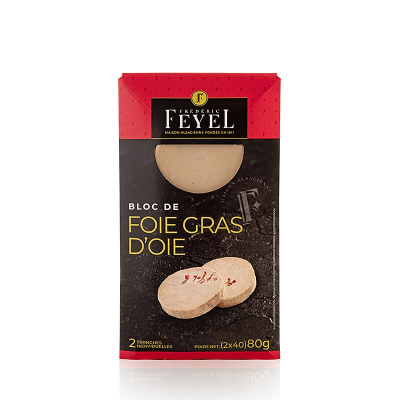 Bloco de foie gras de ganso, foie gras, 2x40g em rodelas, Feyel - 80g, 2 pecas - Concha PE