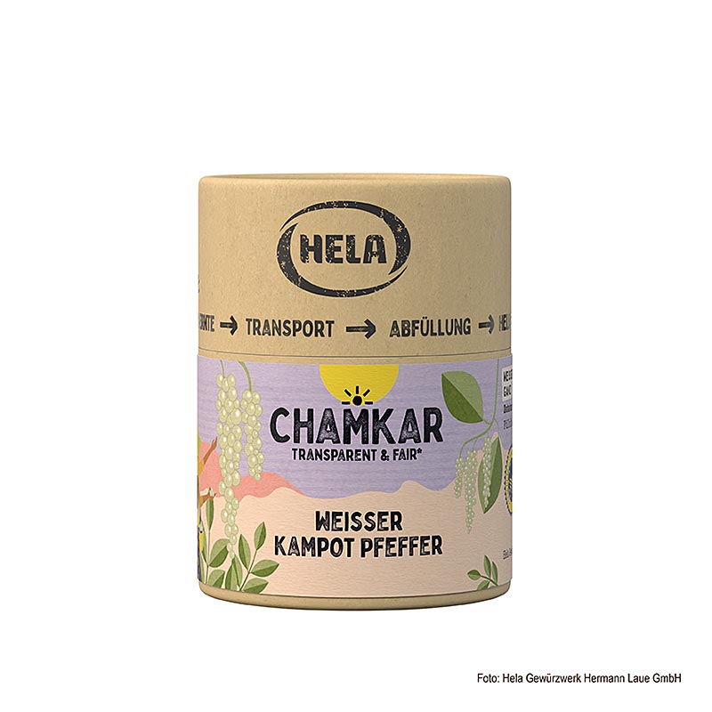 HELA Chamkar - Pepe bianco Kampot, essiccato, intero, IGP - 100 grammi - Scatola degli aromi