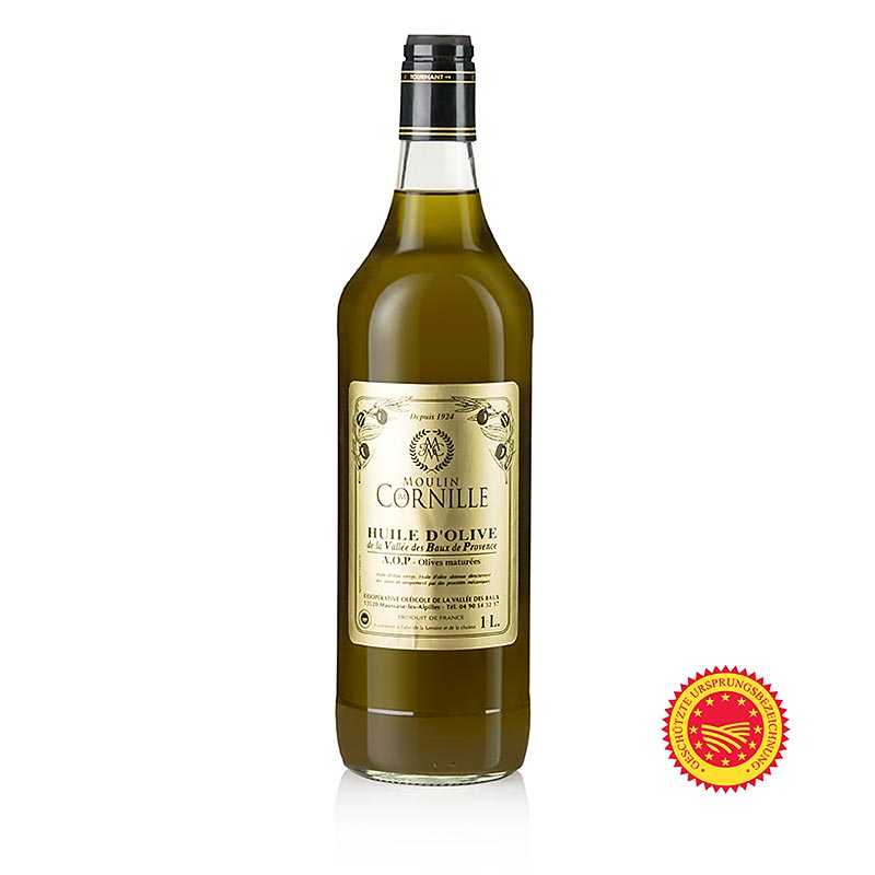 Olio d`oliva vergine, Fruite Noir, leggermente dolce, Baux de Provence, DOP, Cornille - 1 litro - Bottiglia