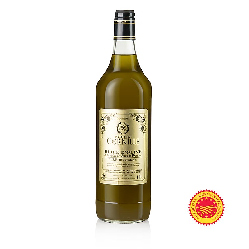 Oli d`oliva verge, Fruite Noir, lleugerament dolc, Baux de Provence, DOP, Cornille - 1 litre - Ampolla