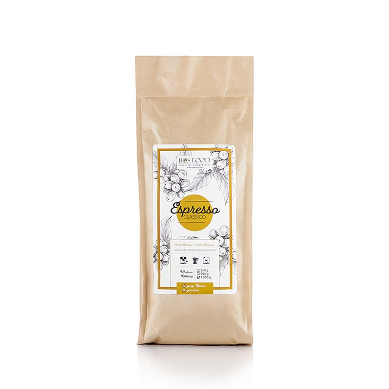 BOS FOOD - Espresso Classico, mistura de cafe com 20% Robusta, graos inteiros - 1 kg - bolsa