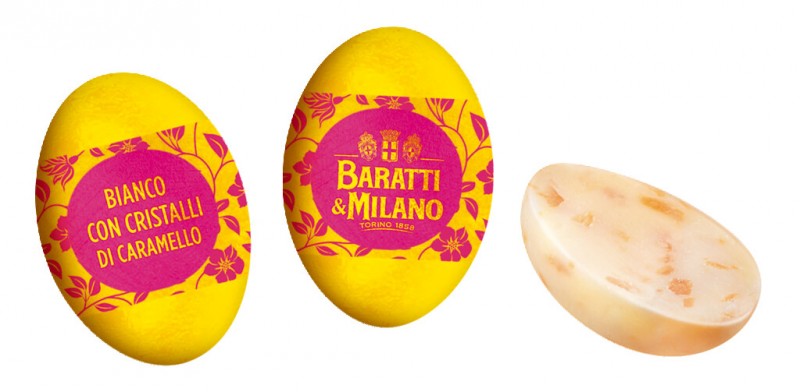 Cristalli di caramello`lu Ovetto beyazi, karamel parcali beyaz cikolatali Paskalya yumurtalari, Baratti ve Milano - 500g - canta
