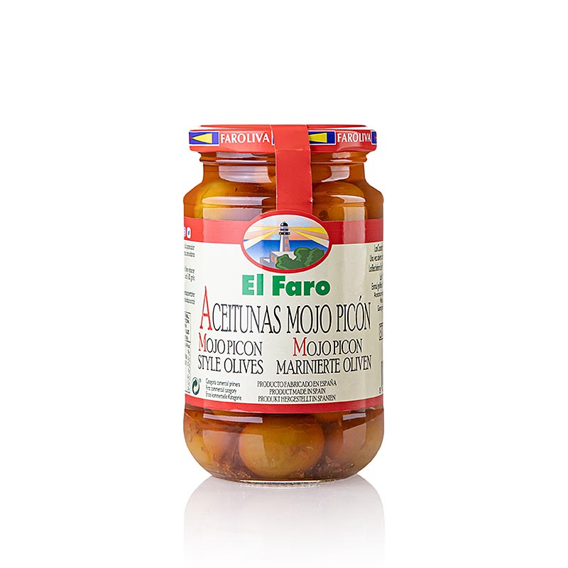 Olive verdi Mojo Picon, con nocciolo, El Faro - 350 g - Bicchiere