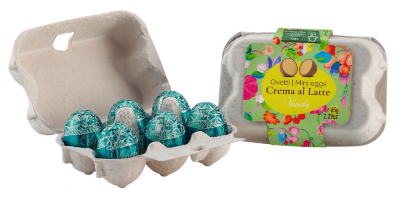 Paquete de carton de mini huevos pequenos, huevos de Pascua rellenos de cacao y crema de leche, surtidos, Venchi - 12x65g - mostrar