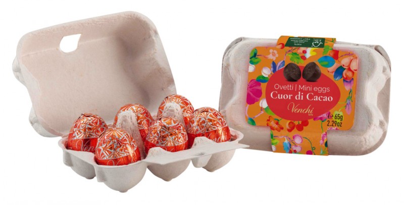 Paquete de carton de mini huevos pequenos, huevos de Pascua rellenos de cacao y crema de leche, surtidos, Venchi - 12x65g - mostrar