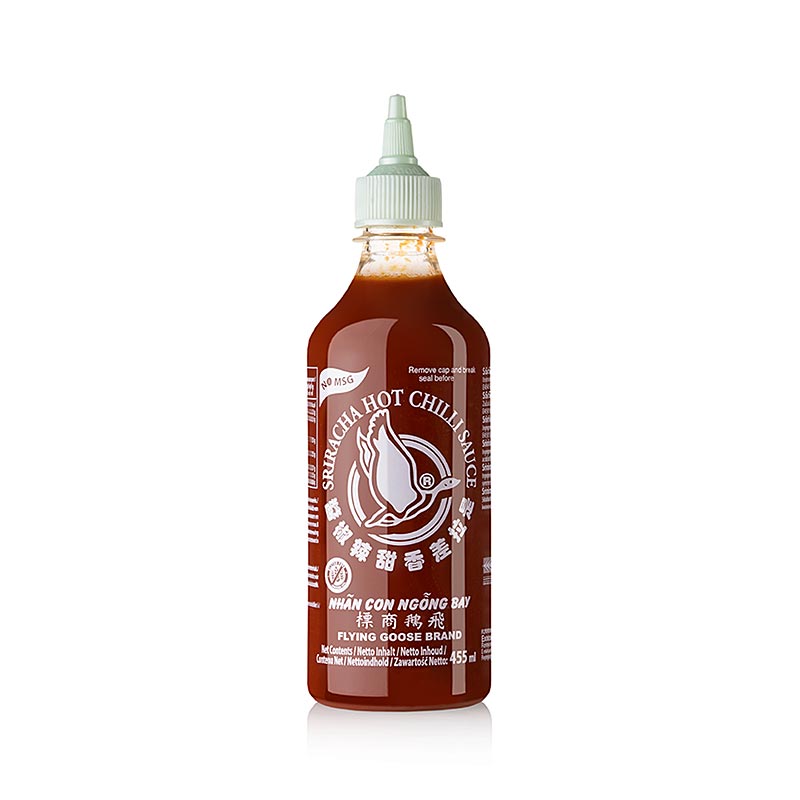 Chilisaus - Sriracha uten MSG, varm, klem flaske, Flying Goose - 455 g - PE flaske