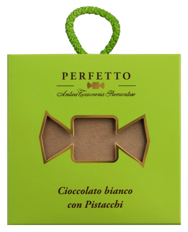 Perfetto bianco con pistacchi, cubo, white chocolate praline with pistachios, Antica Torroneria Piemontese - 100 g - pack