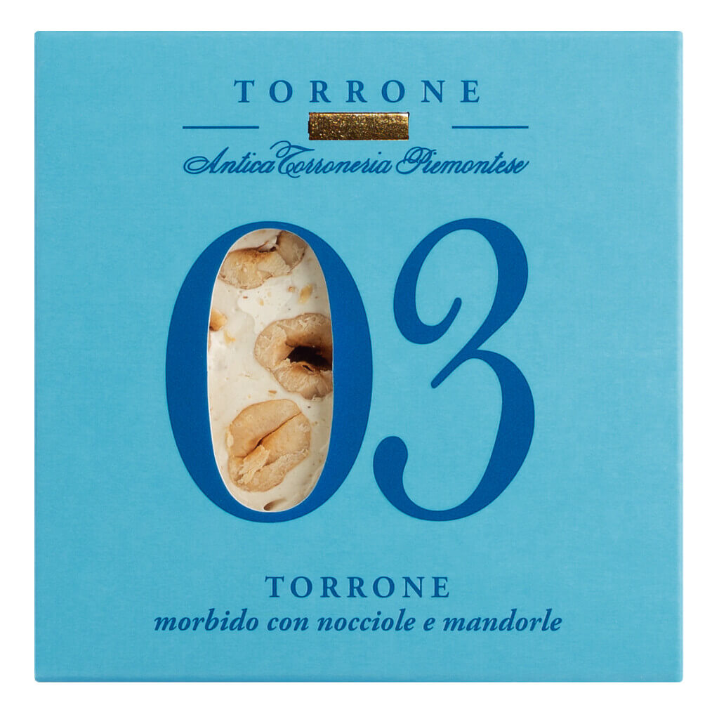 3 - Bloed torrone med hasselnoedder og mandler, nougat med piemonte-hasselnoedder og mandler, Antica Torroneria Piemontese - 80 g - pakke
