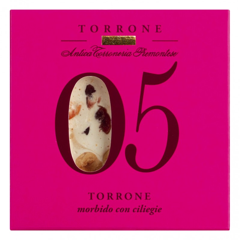 5 - Torrone morbido con ciliegie, nougat dengan ceri, lembut, Antica Torroneria Piemontese - 80 gram - mengemas