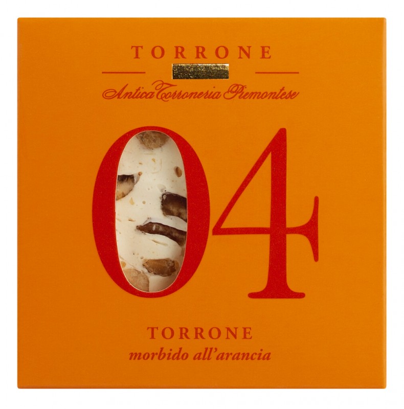 4 - Torrone morbido all`arancio, nougat med orange, blød, Antica Torroneria Piemontese - 80 g - pakke