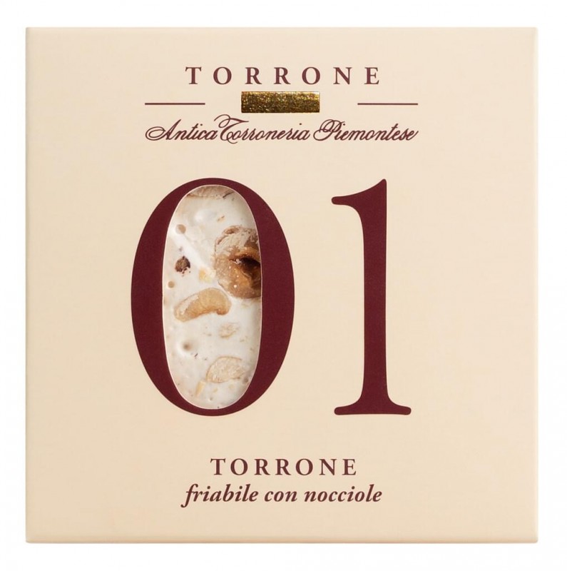 1 - Torrone friabile avec nocciole Piemonte IGP, nougat aux noisettes du Piémont, dur, Antica Torroneria Piemontese - 80 g - pack