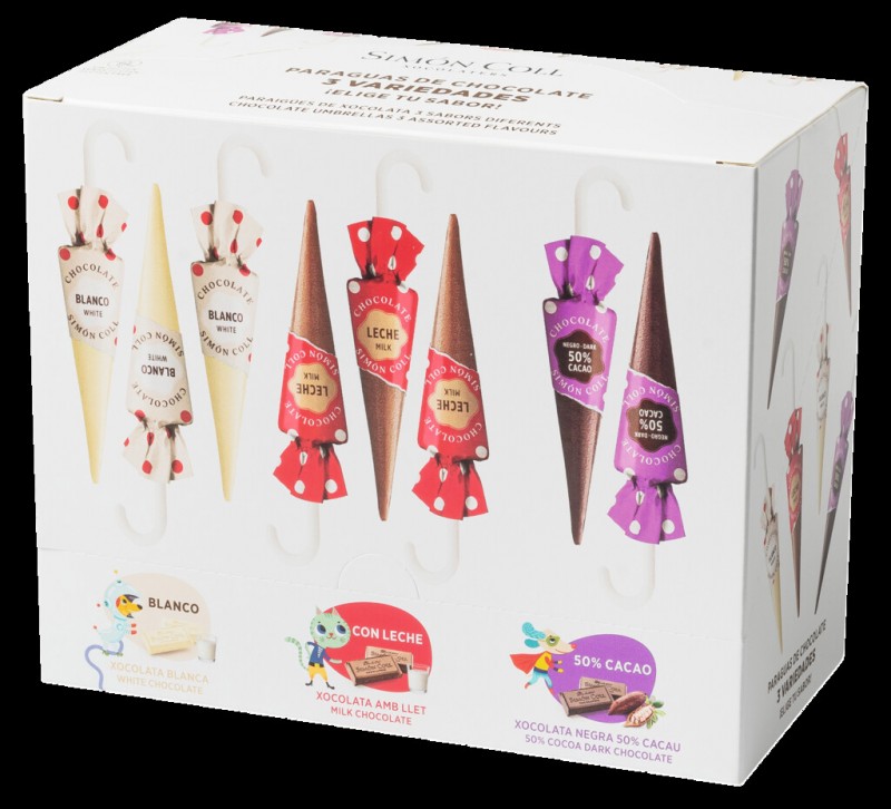 Sombrella Topos 3 Sabores, umbrele de ciocolata 3 sortimente, display, Simon Coll - 32 x 10 g - afisa Sombrella Topos 3 Sabores, umbrele de ciocolata 3 sortimente, display, Simon Coll - 32 x 10 g - afisa