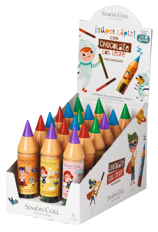 Super Lapiz Colores, Display, Creioane Ciocolata Maxi, Display, Simon Coll - 18 x 30 g - afisa Super Lapiz Colores, Display, Creioane Ciocolata Maxi, Display, Simon Coll - 18 x 30 g - afisa