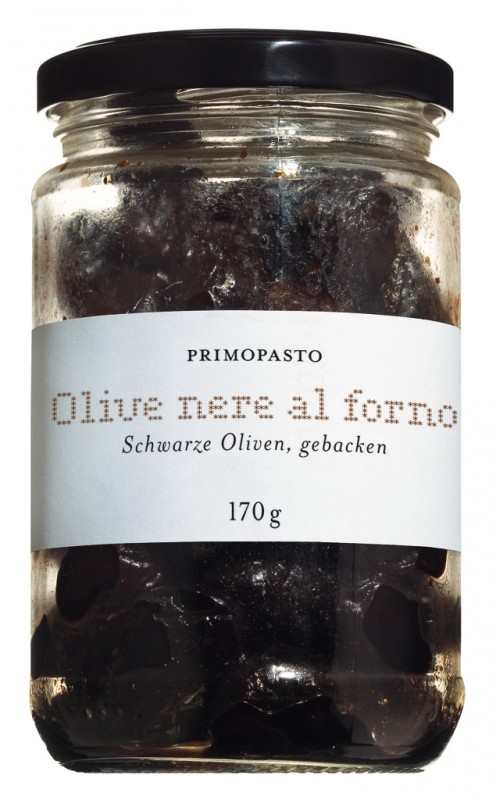 Oliven nere secche, tørrede sorte oliven, efter facon grecque, primopasto - 170 g - glas