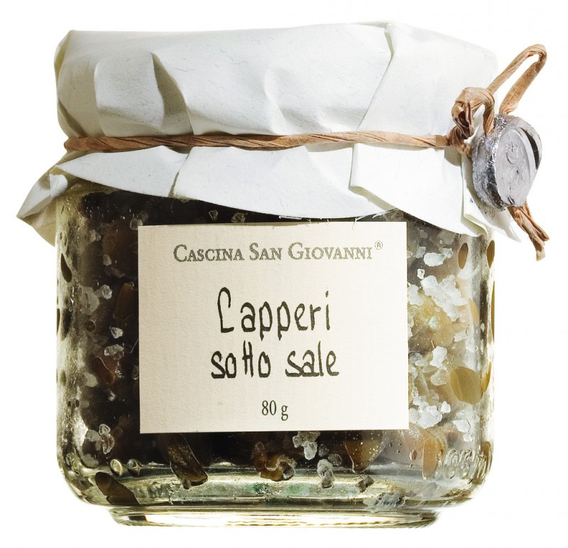 Capperi sotto verkoop, kappertjes in zeezout, Cascina San Giovanni - 80 g - glas