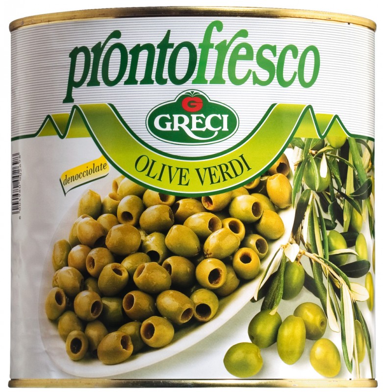 Olive verdi, green olives without stones, Greci, Prontofresco, 2,600 g, can