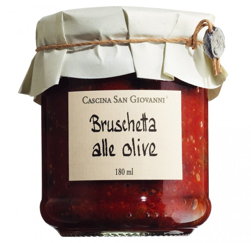 Bruschetta alle olijven, tomaten met olijven, Cascina San Giovanni - 180ml - glas