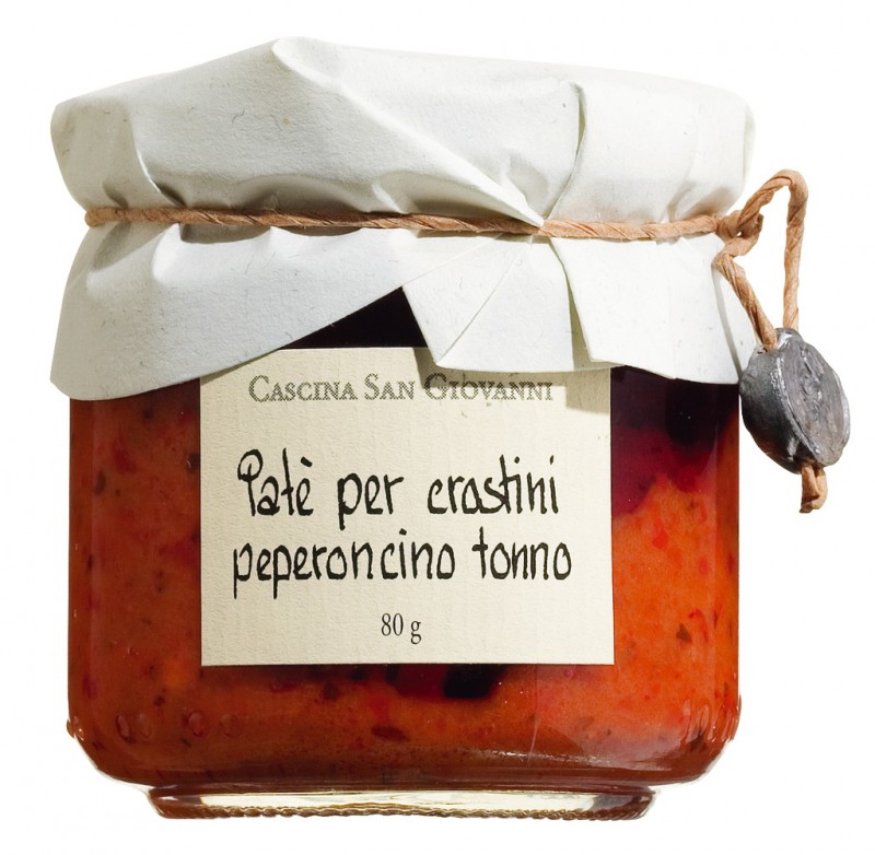 Pate di peperoncini e tonno, crostino creme lavet af kirsebær peberfrugter og tun, Cascina San Giovanni - 80 g - glas Pate di peperoncini e tonno, crostino creme lavet af kirsebær peberfrugter og tun, Cascina San Giovanni - 80 g - glas